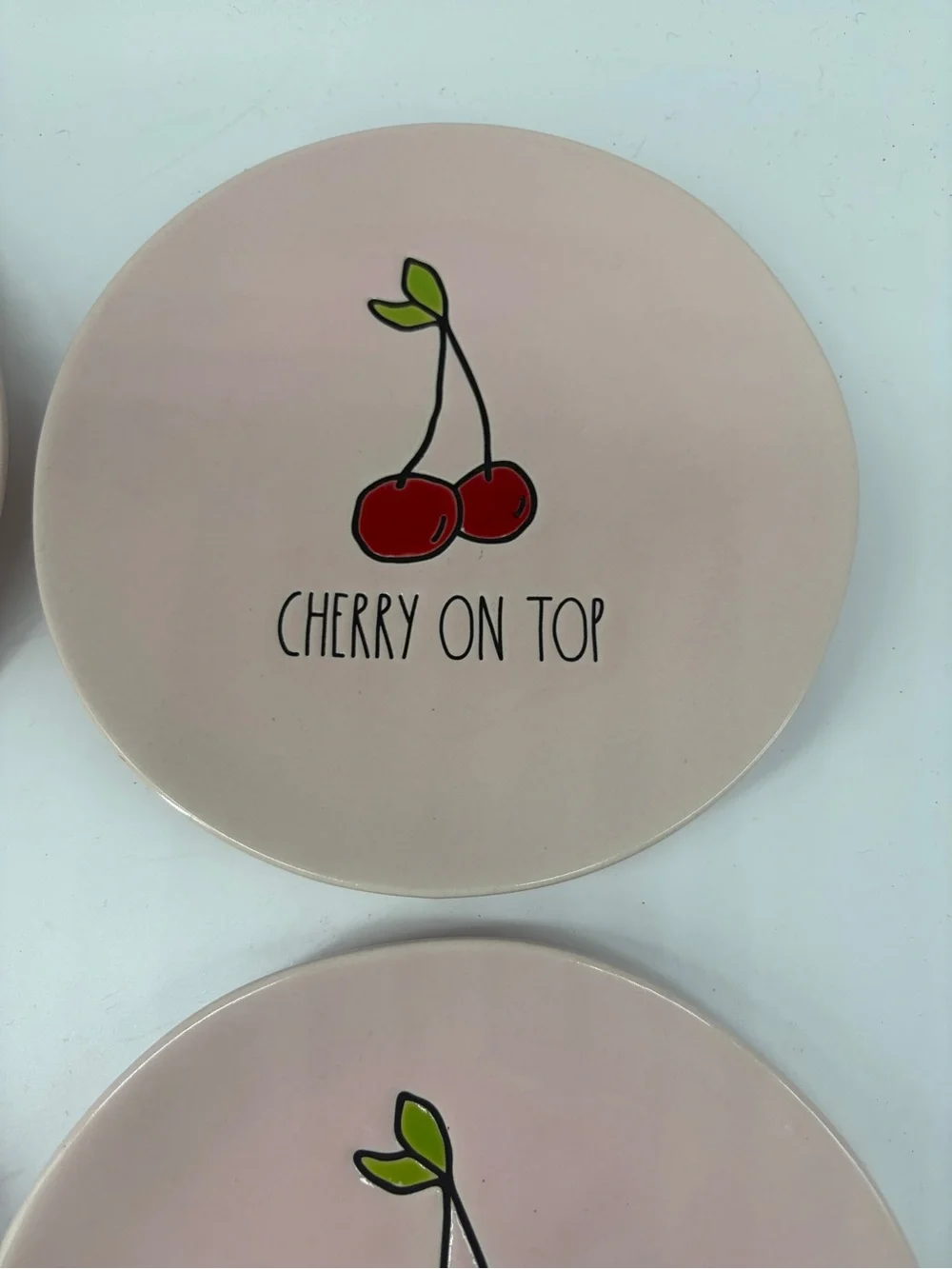 Rae Dunn Pink 'Cherry On Top' Dessert Plates - Red Cherry Design 6”